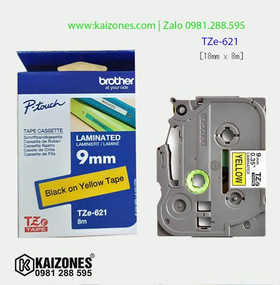 Nhãn in Brother TZE 621 tiêu chuẩn (Chữ đen nền vàng 9mm x 8m)