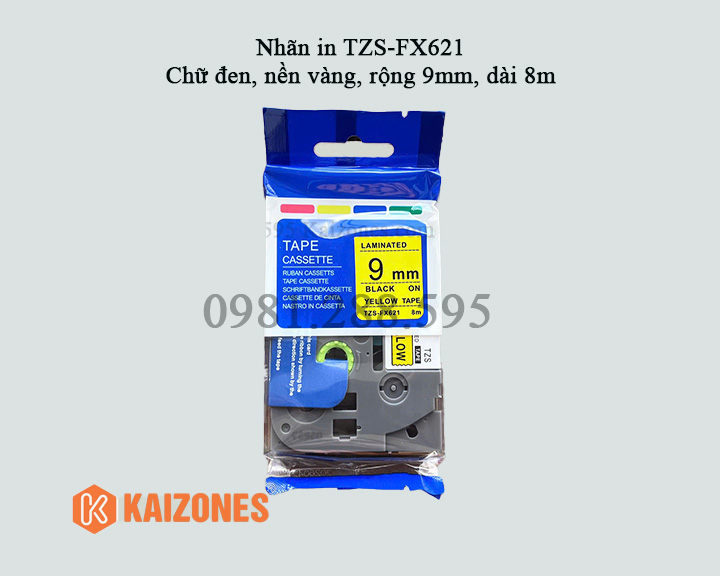 Nhãn in TZS-FX621 (chữ đen, nền vàng, rộng 9mm, dài 8m)
