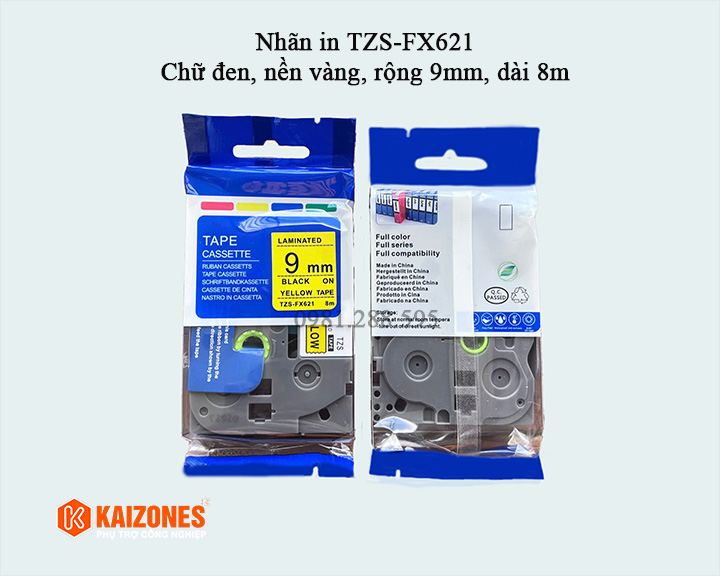 Nhãn in TZS-FX621 (chữ đen, nền vàng, rộng 9mm, dài 8m)
